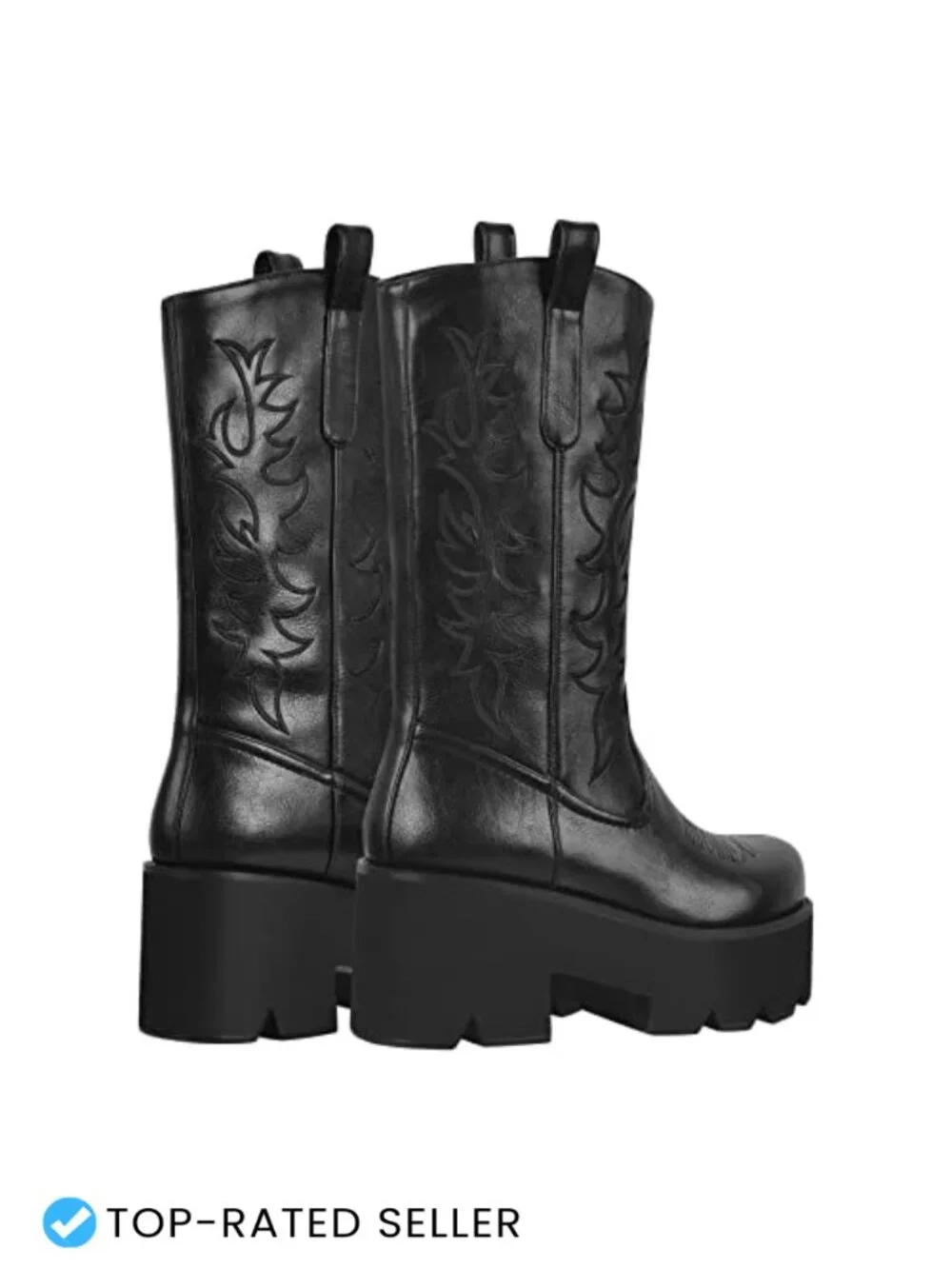 Vintage Embroidered Mid Calf Pull-On Boots for Women Chunky Heel